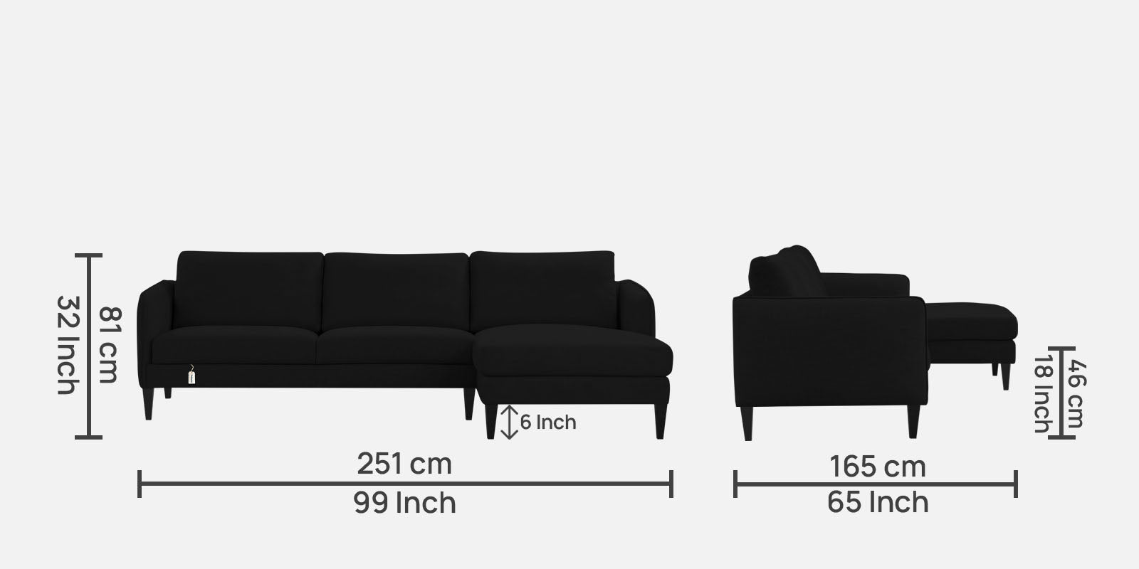 Piku Fabric LHS Sectional Sofa (3+Lounger) in Zed Black Colour