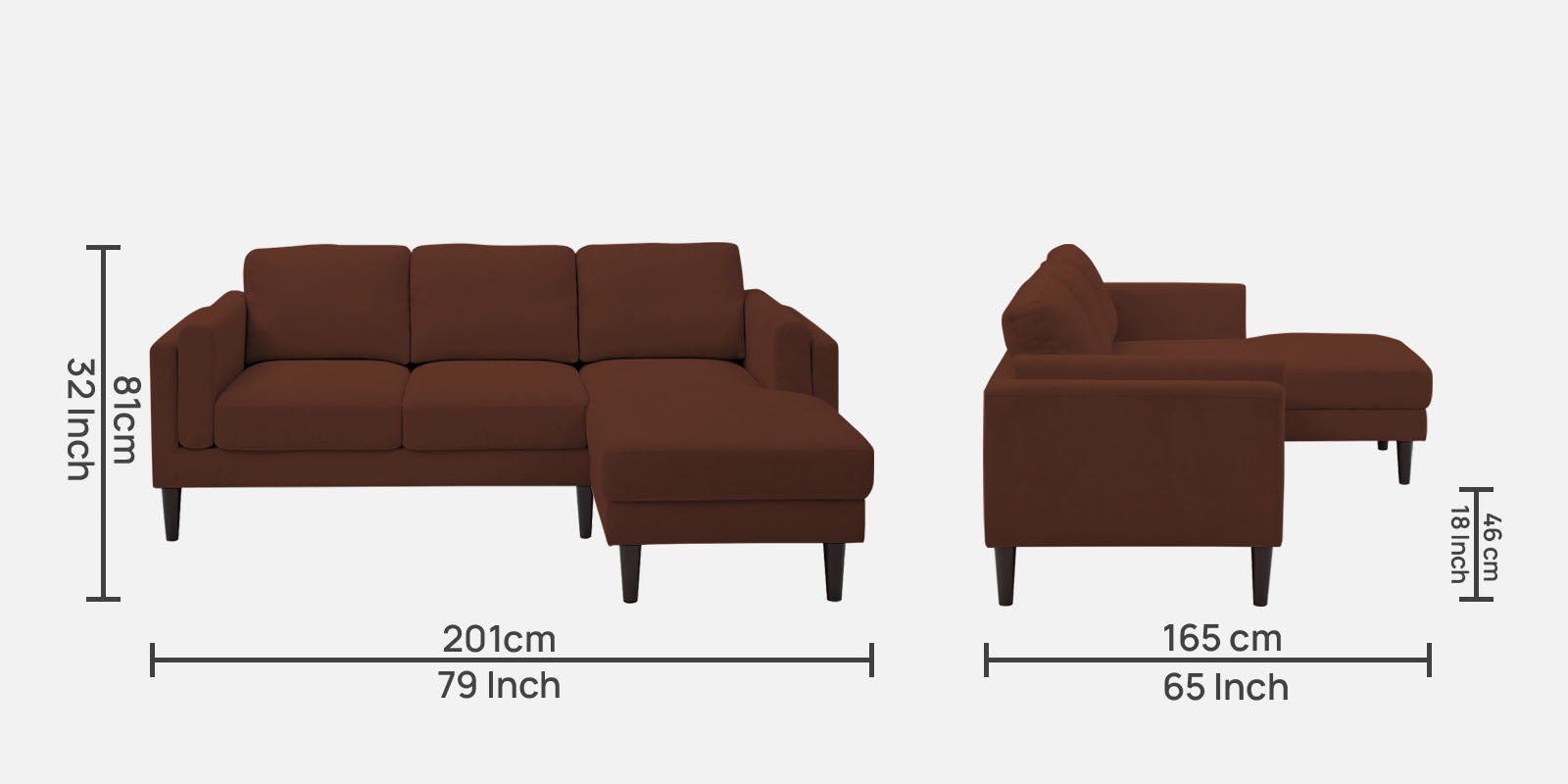 Creata Fabric LHS Sectional Sofa (2+Lounger) in Coffee Brown Colour by Febonic