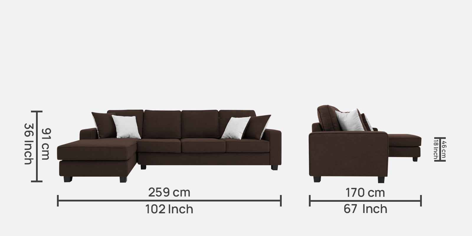 Ladybug Fabric RHS Sectional Sofa (3+Lounger) In Coffee Brown Colour