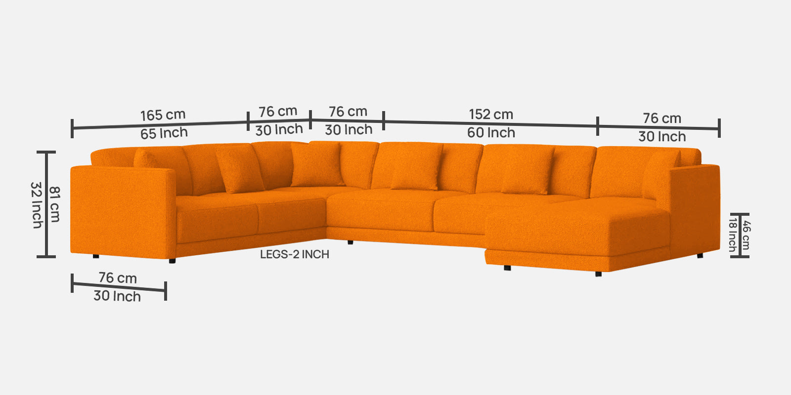 Carlin Fabric LHS 8 Seater Sectional Sofa In Vivid Orange Colour