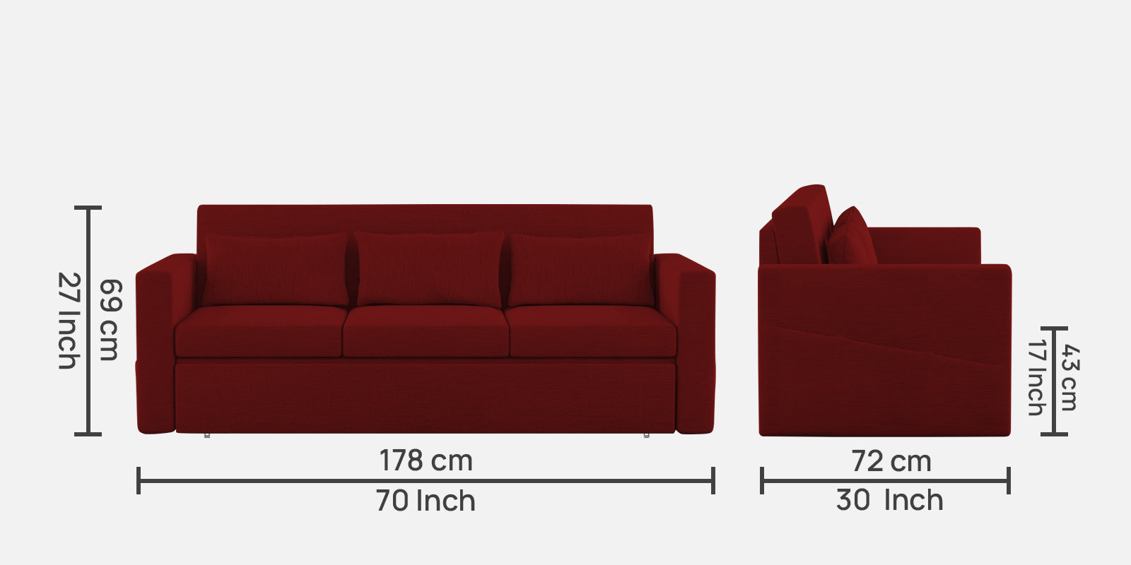 River Fabric 3 Seater Pull Out Sofa Cum Bed In Blood Maroon Colour