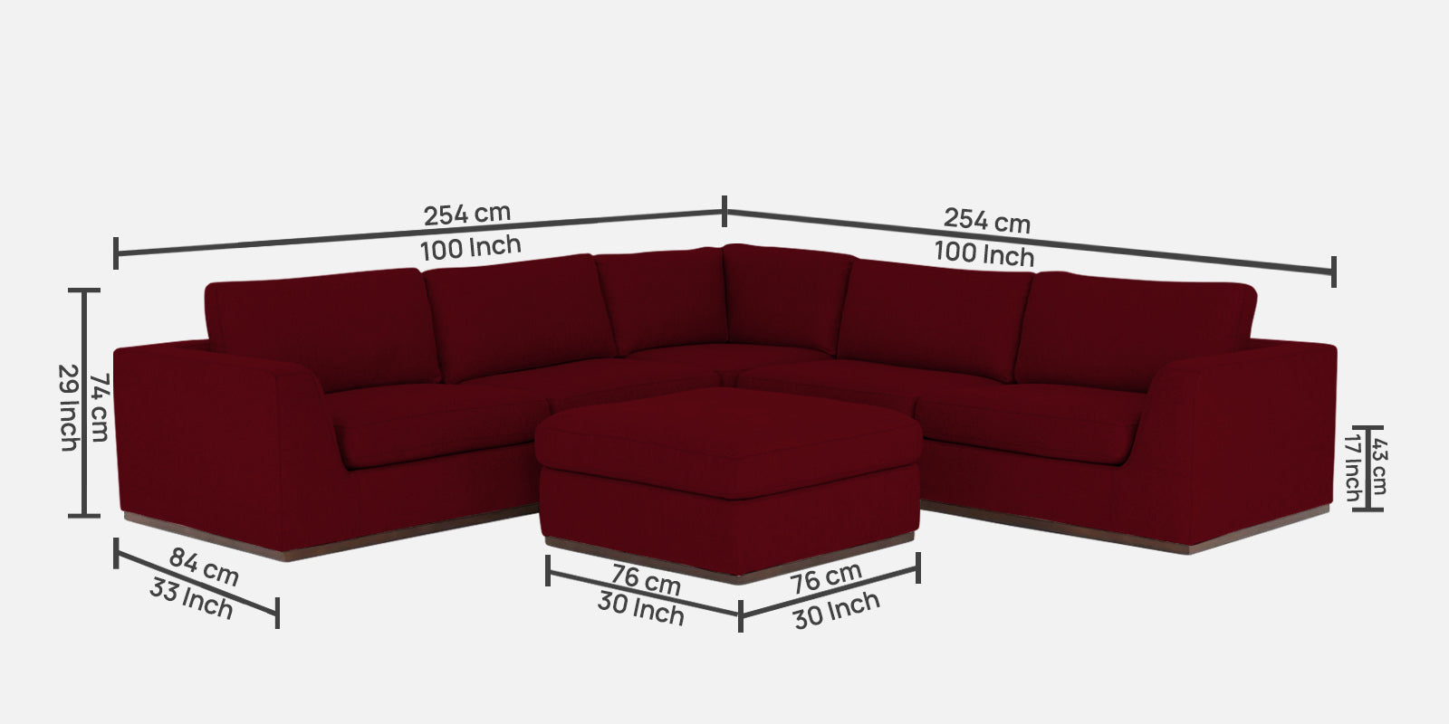 Freedom Velvet 6 Seater RHS Sectional Sofa In Cherry Red Colour