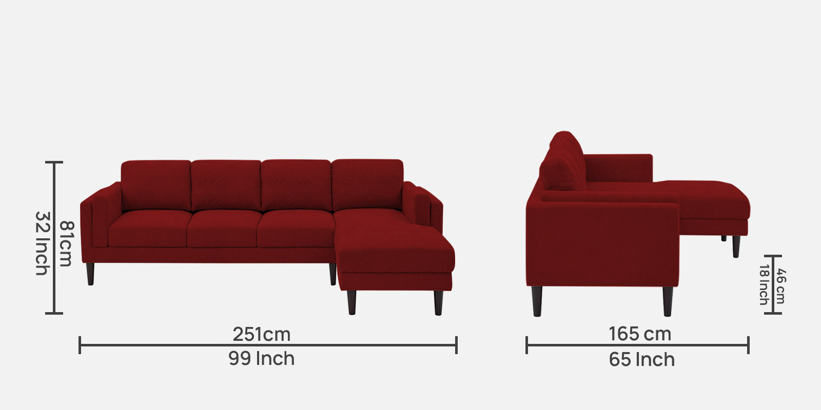 Creata Fabric LHS Sectional Sofa (3+Lounger) in Blood Maroon Colour by Febonic