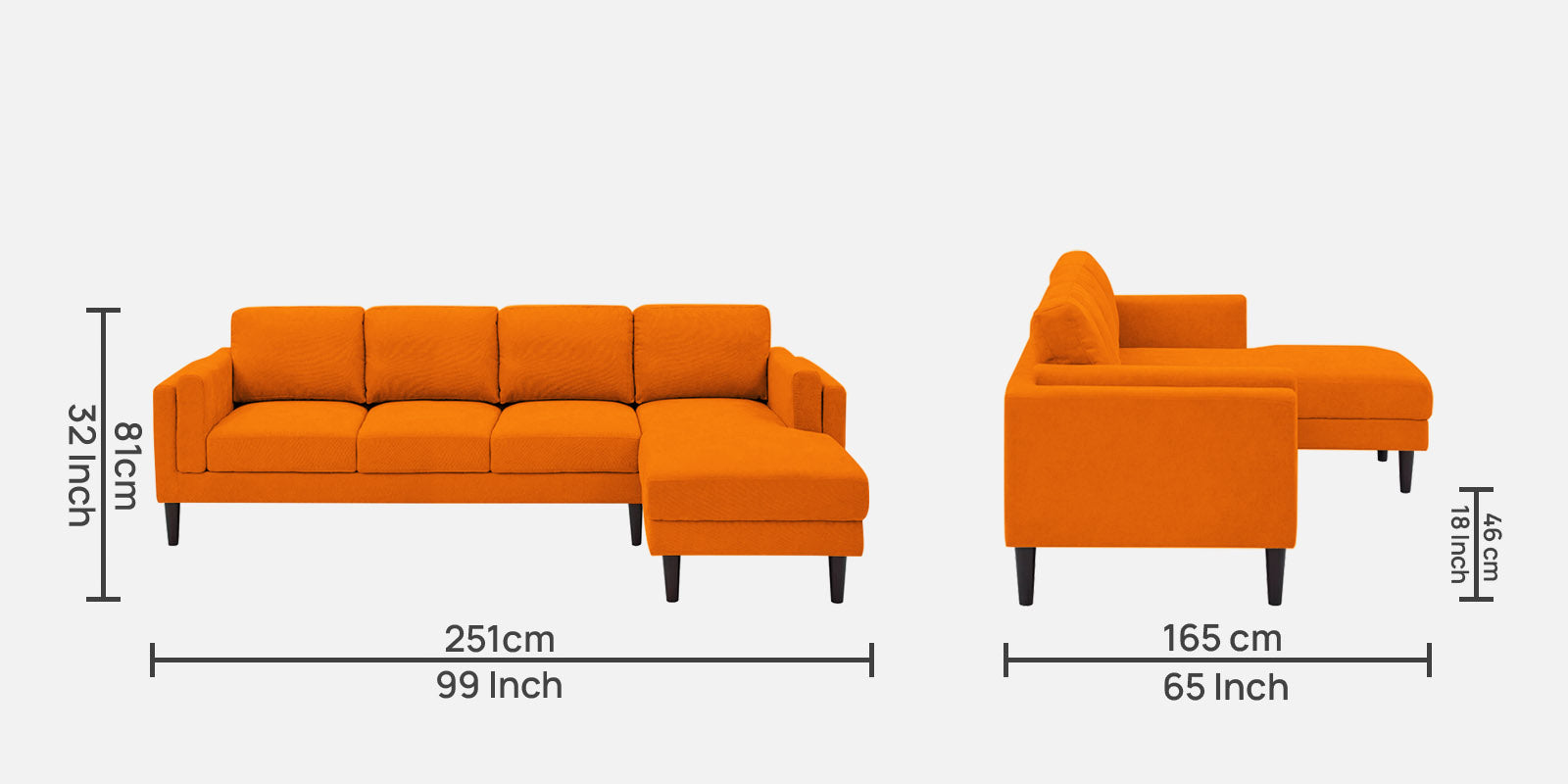 Creata Fabric LHS Sectional Sofa (3+Lounger) in Vivid Orange Colour by Febonic