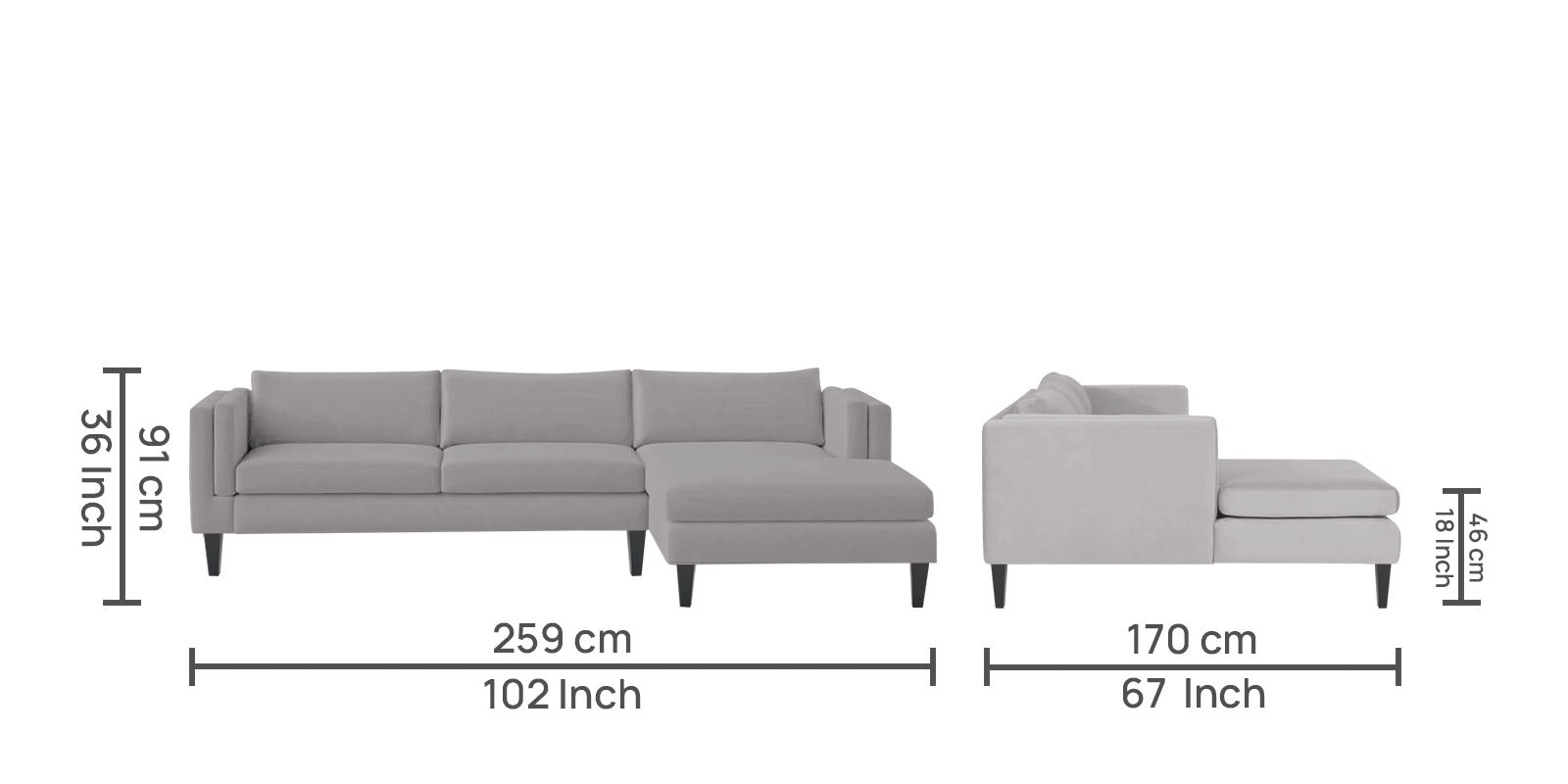 Jasper Velvet LHS Sectional Sofa (3+Lounger) in Concrete grey Colour