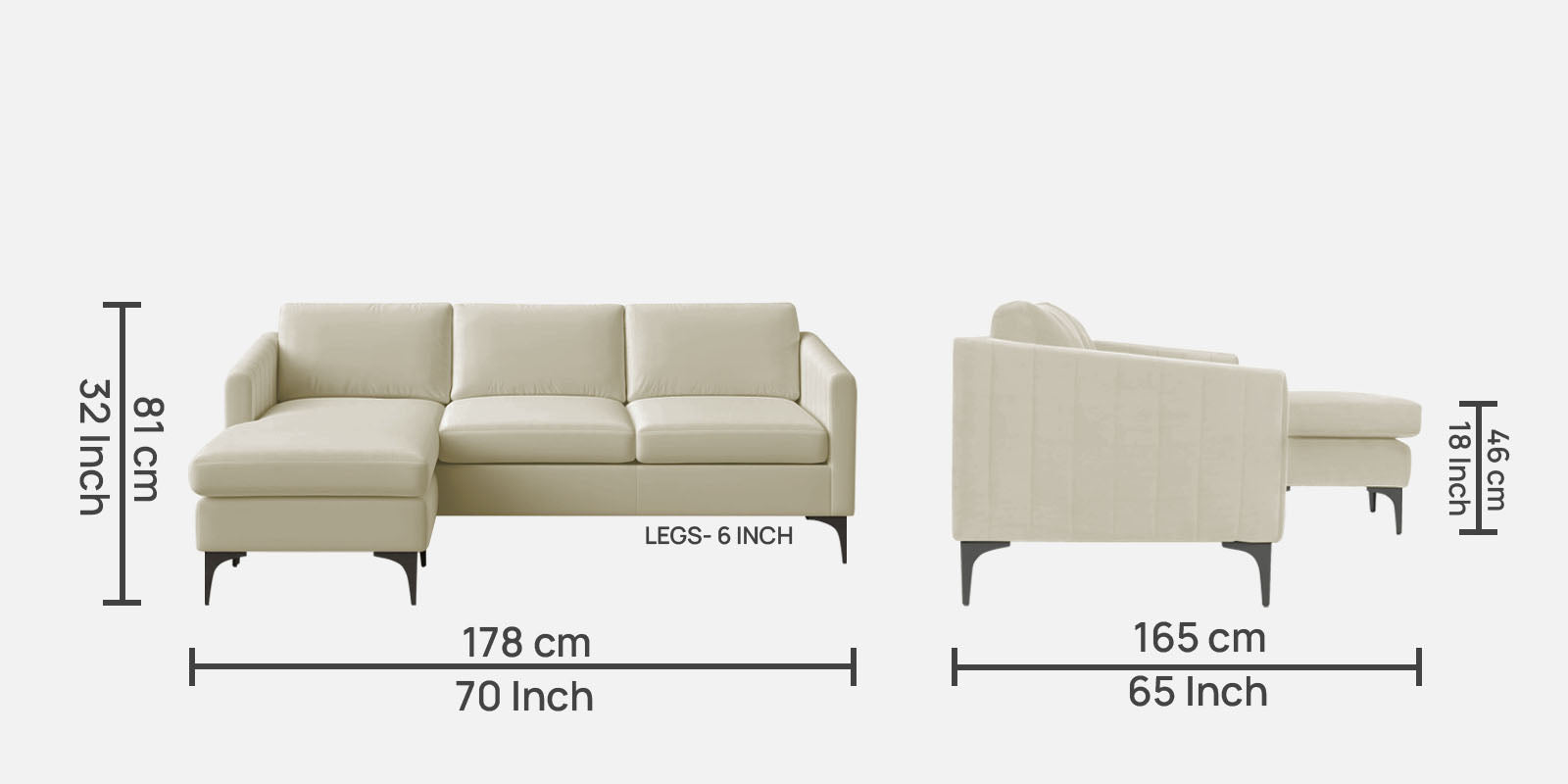 Haru Fabric RHS Sectional Sofa (2+Lounger) in Warm White Colour