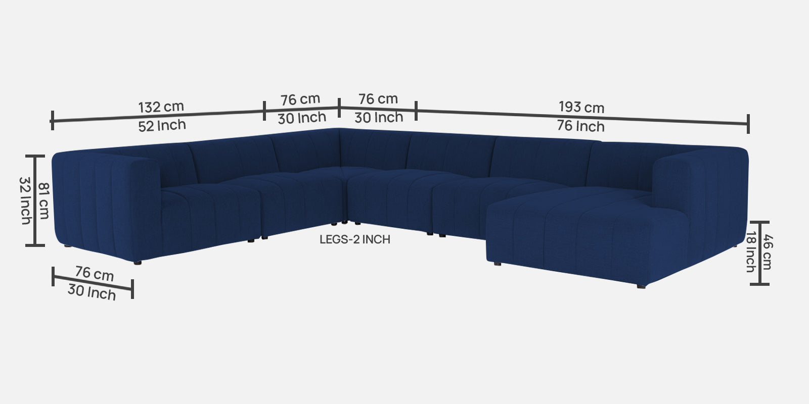 Damo Fabric LHS 8 Seater Sectional Sofa In Royal Blue Colour