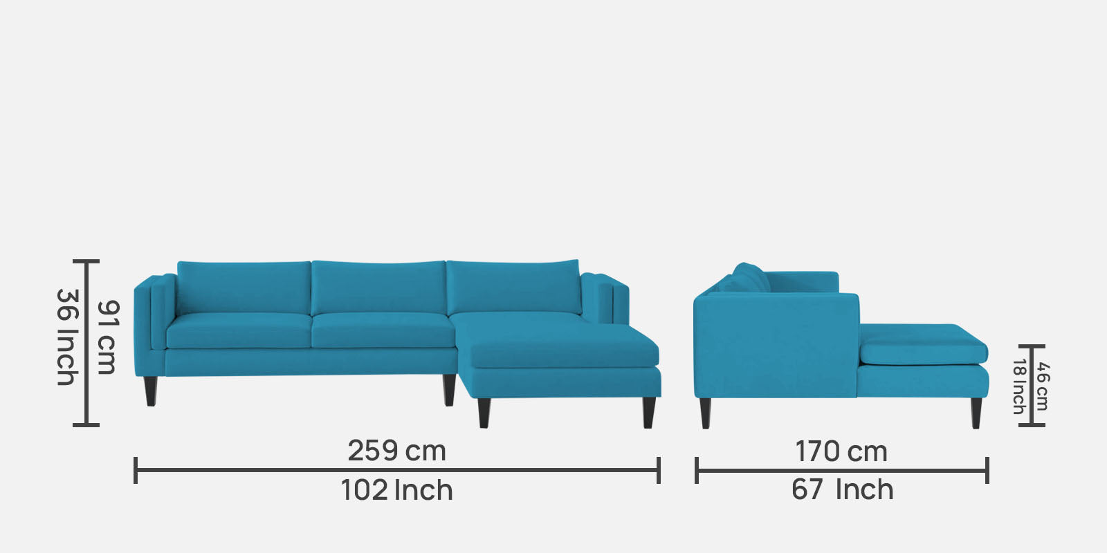 Jasper Velvet LHS Sectional Sofa (3+Lounger) in Aqua blue Colour