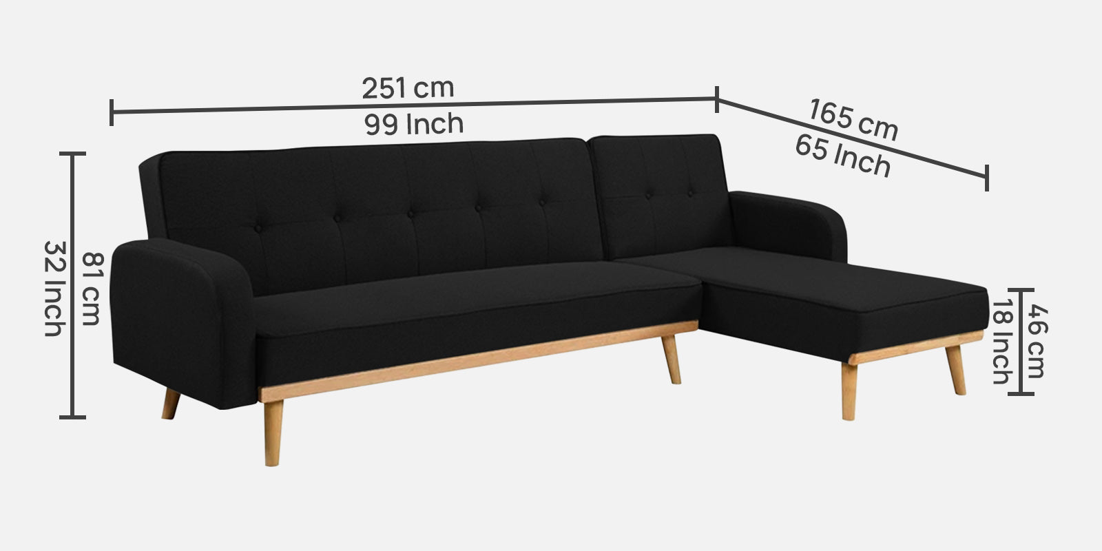 Zuno Fabric RHS Sectional + Sofa Cum Bed In Zed Black Colour