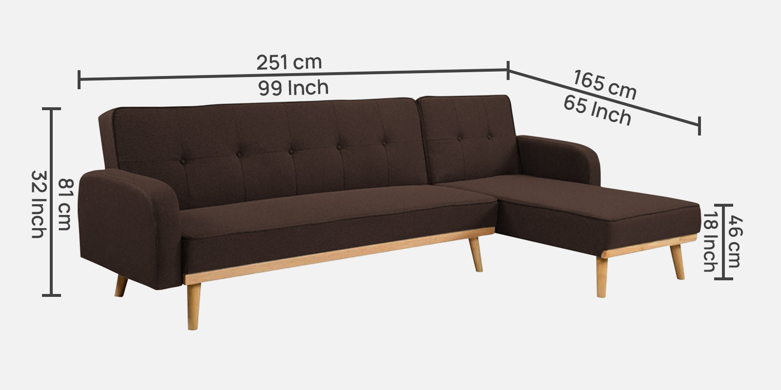 Zuno Fabric RHS Sectional + Sofa Cum Bed In Coffee Brown Colour