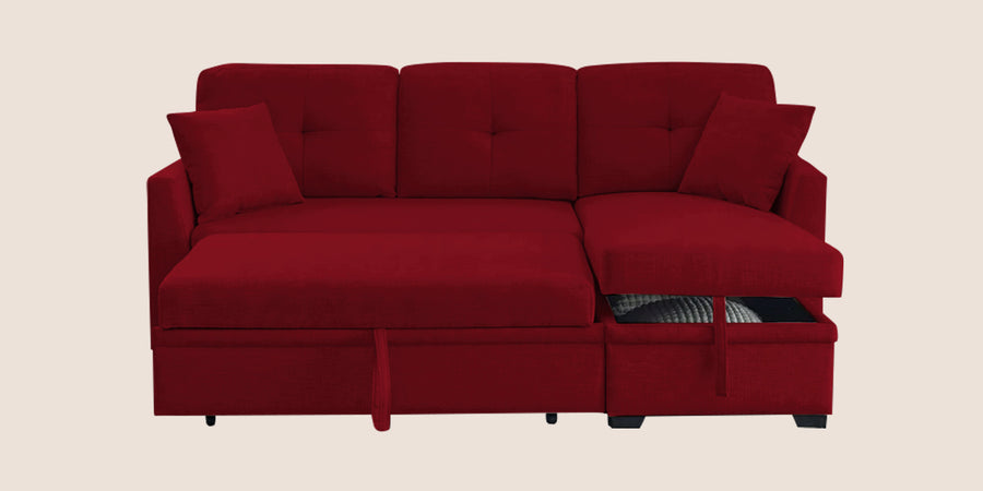 Jody Fabric 3 Seater Pull Out Sofa Cum Bed In Ruby Red Colour With Storage - Febonic Living