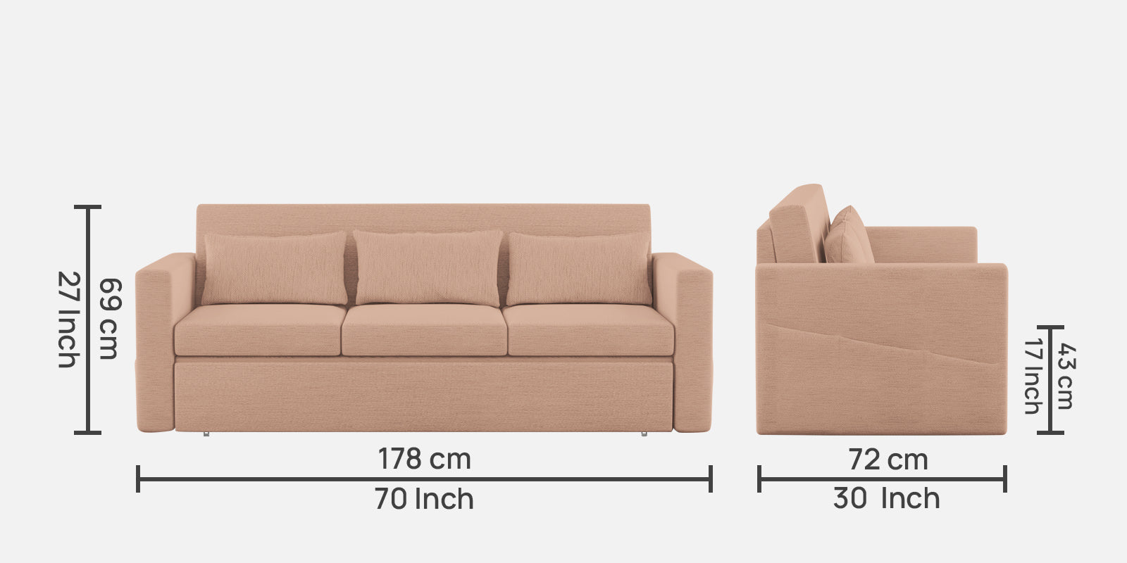 River Fabric 3 Seater Pull Out Sofa Cum Bed In Cosmic Beige Colour