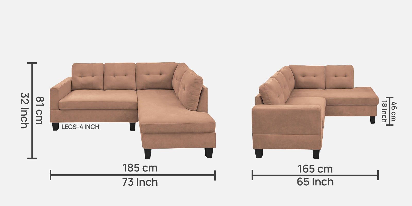 Thomas Fabric LHS Sectional Sofa (2+Lounger) in Cosmic Beige Colour