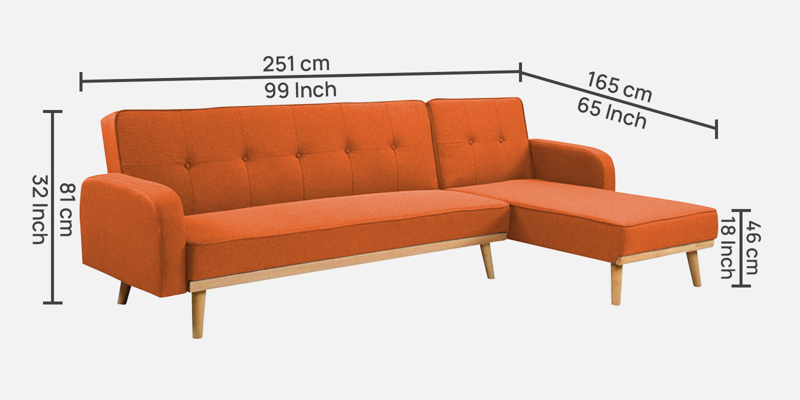 Zuno Fabric RHS Sectional + Sofa Cum Bed In Vivid Orange Colour