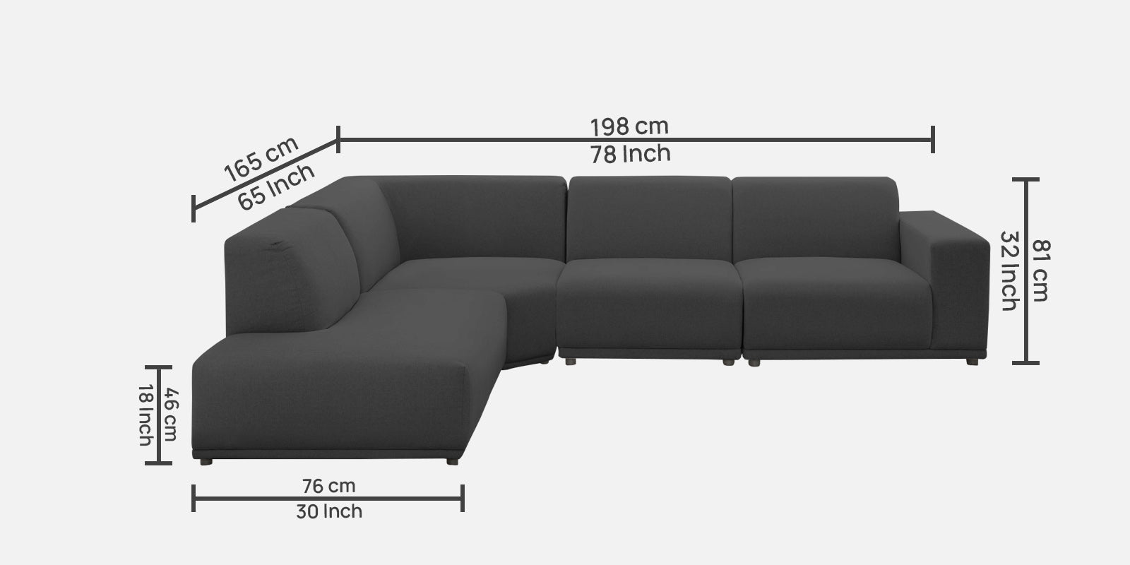 Adam Fabric LHS Sectional Sofa (3 + Lounger) In Charcoal Grey Colour