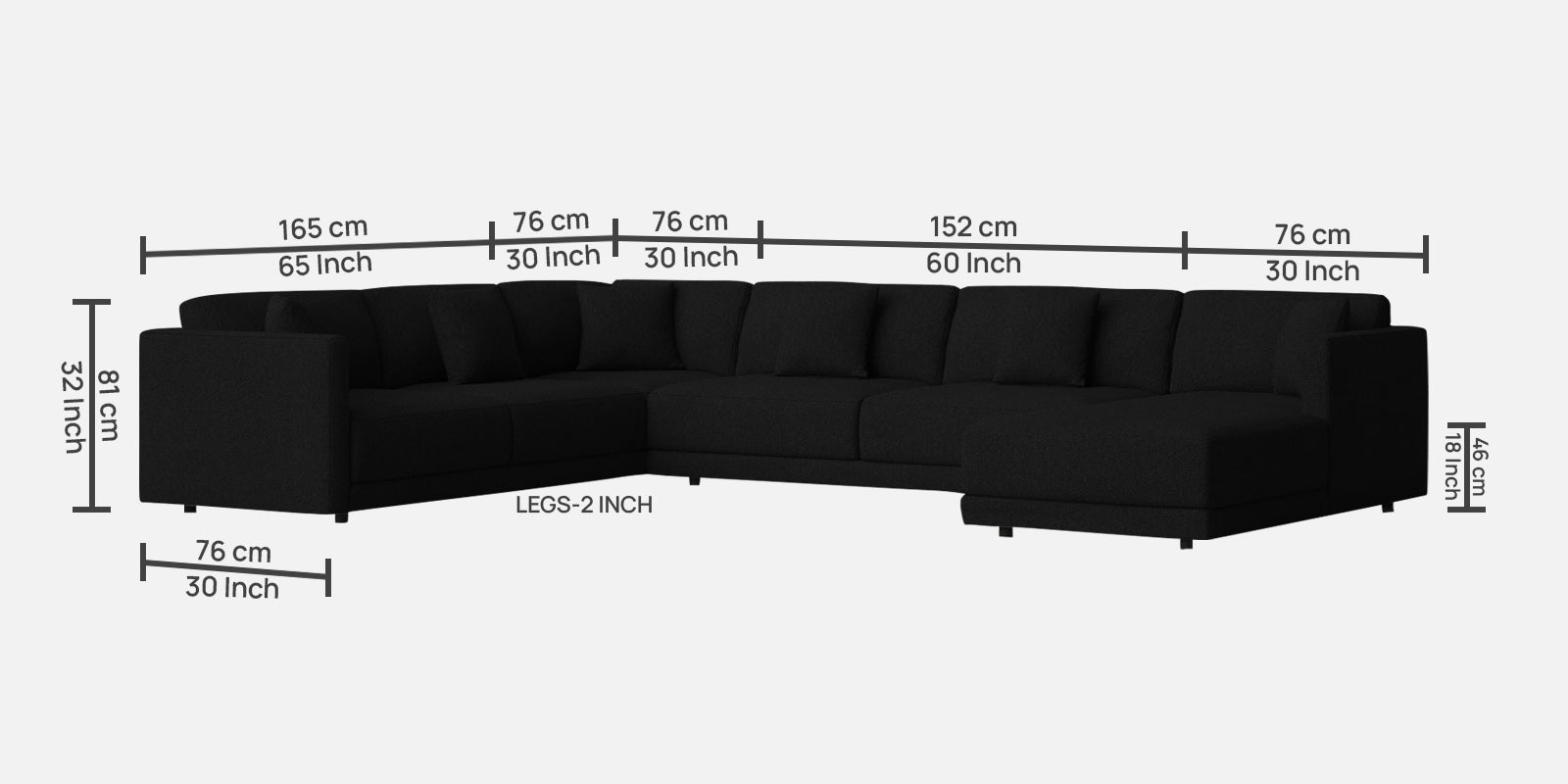 Carlin Fabric LHS 8 Seater Sectional Sofa In Zed Black Colour