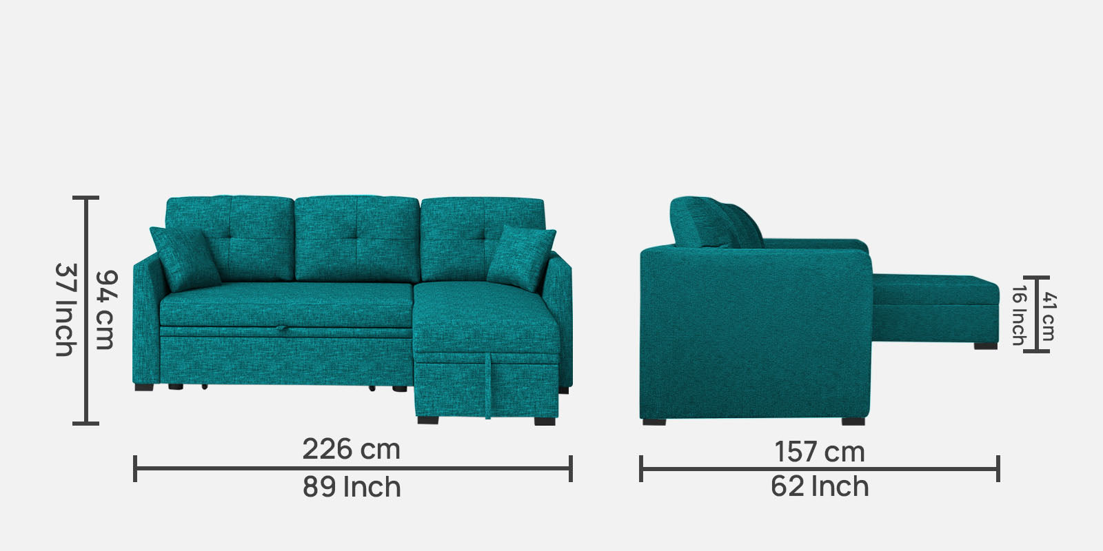 Jody Fabric 3 Seater Pull Out Sofa Cum Bed In Sea Green Colour