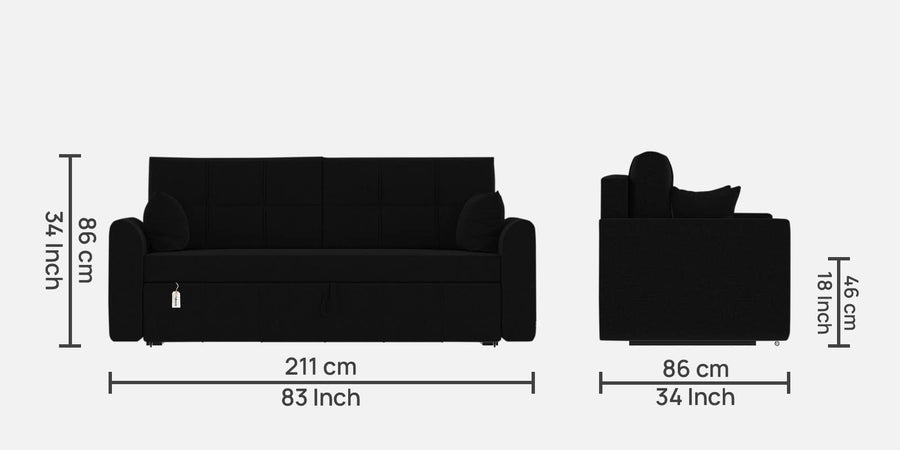 Ines Velvet 3 Seater Pull Out Sofa Cum Bed In In Zed Black Colour With Storage - Febonic Living