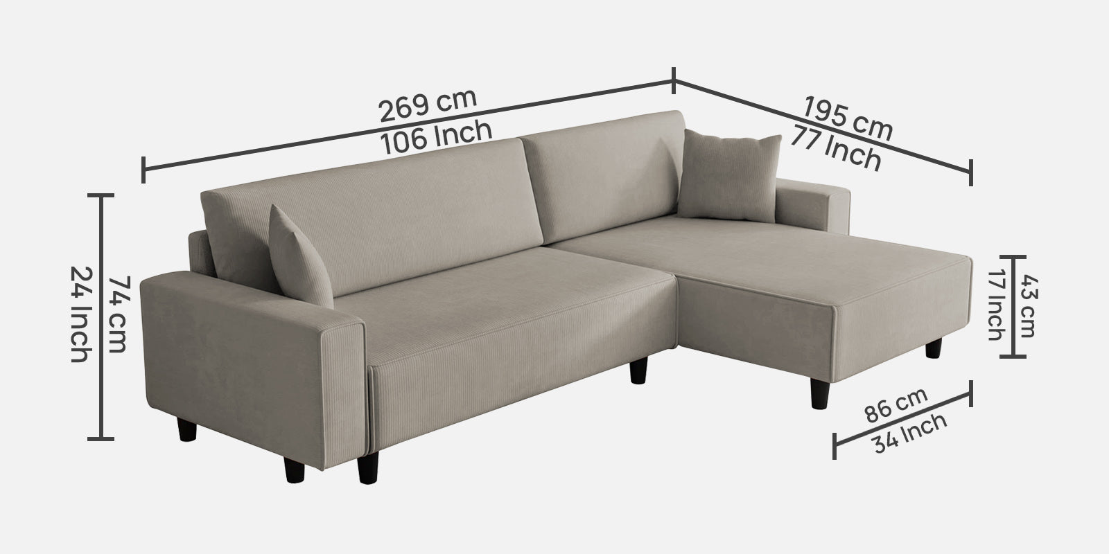 Peach Fabric RHS 6 Seater Sectional Sofa Cum Bed With Storage In Lit Grey Colour