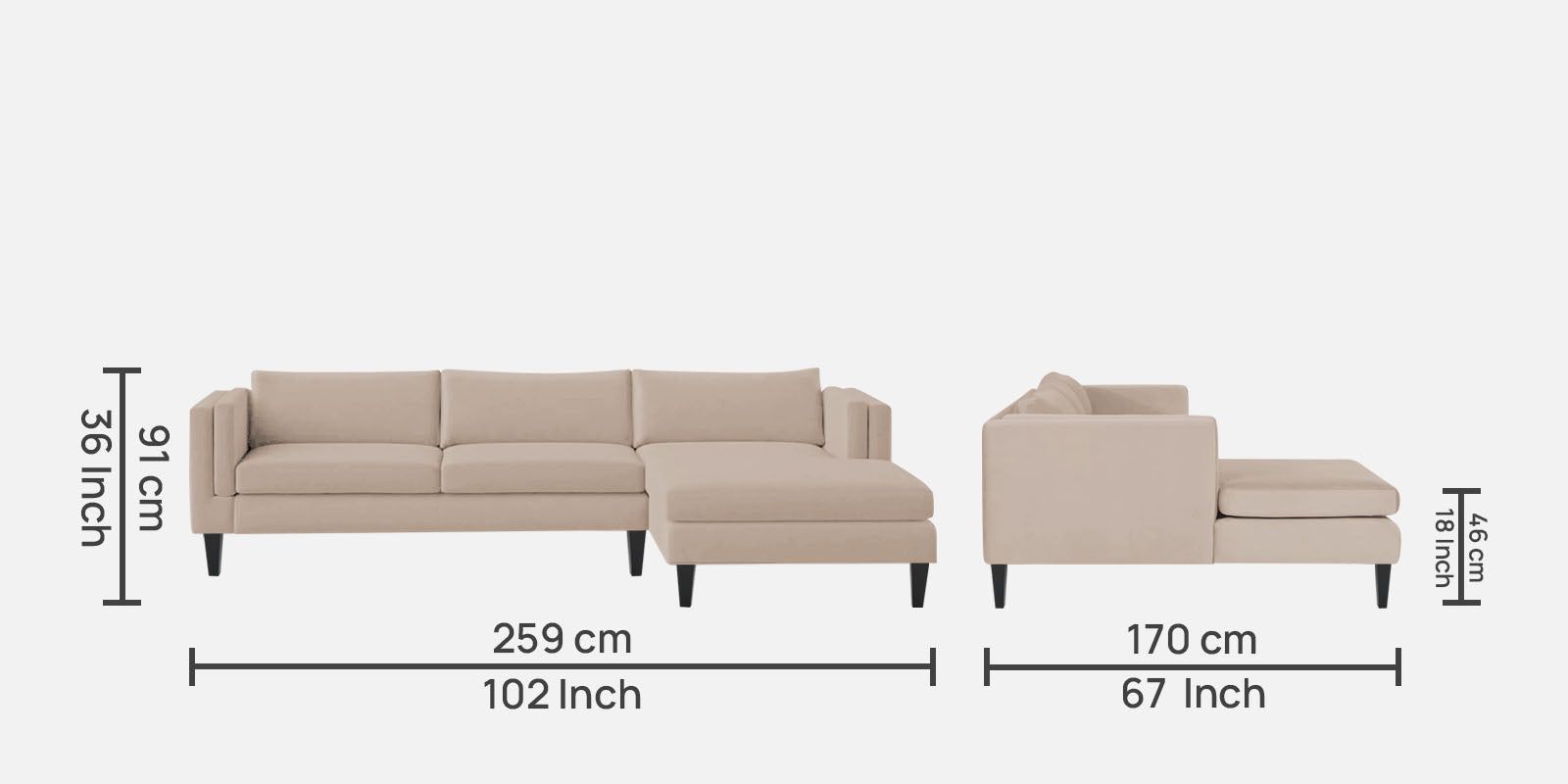 Jasper Velvet LHS Sectional Sofa (3+Lounger) in Camel Beige Colour