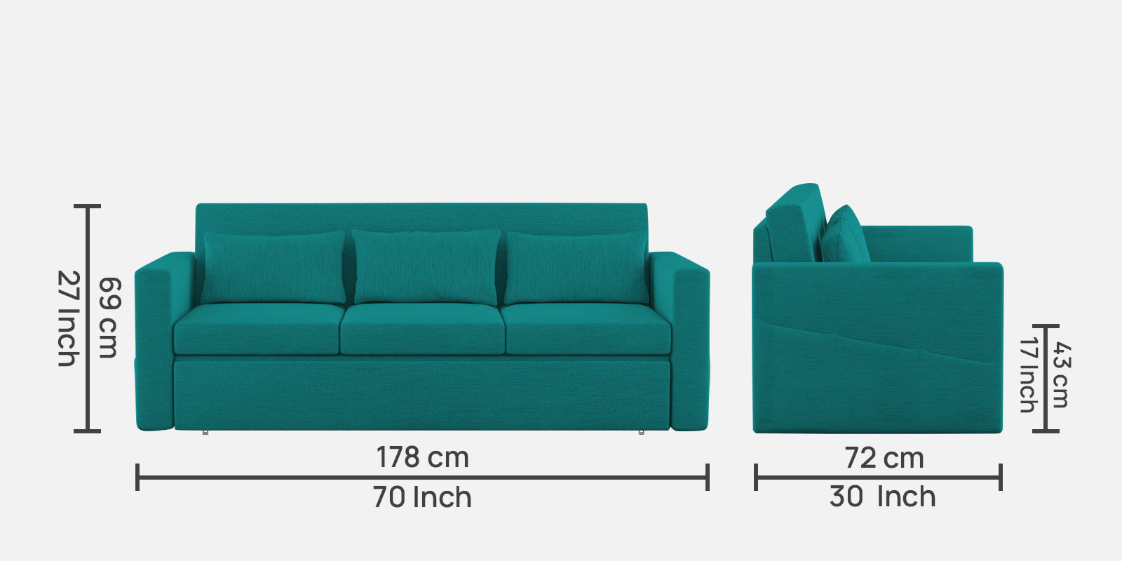 River Fabric 3 Seater Pull Out Sofa Cum Bed In Sea Green Colour