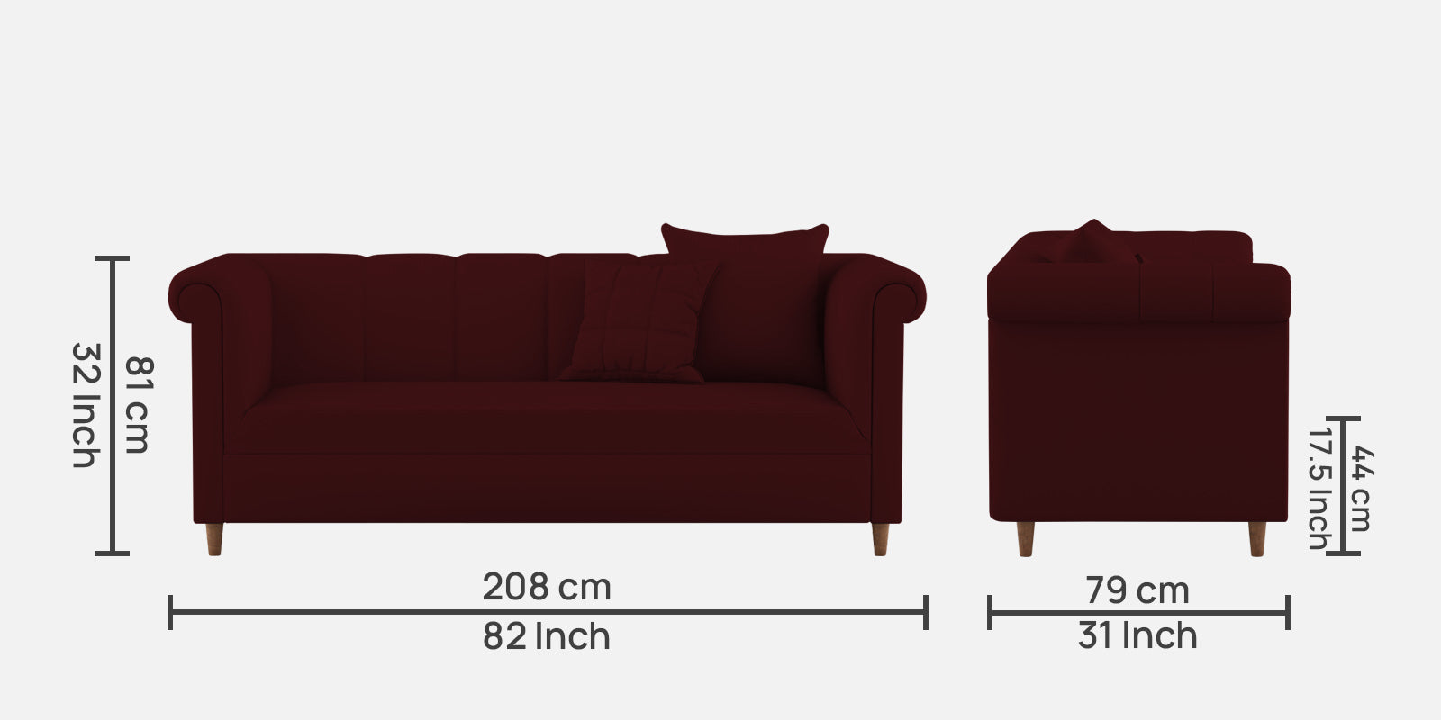 Rubi Velvet 3 Seater Sofa in Dark Maroon Colour