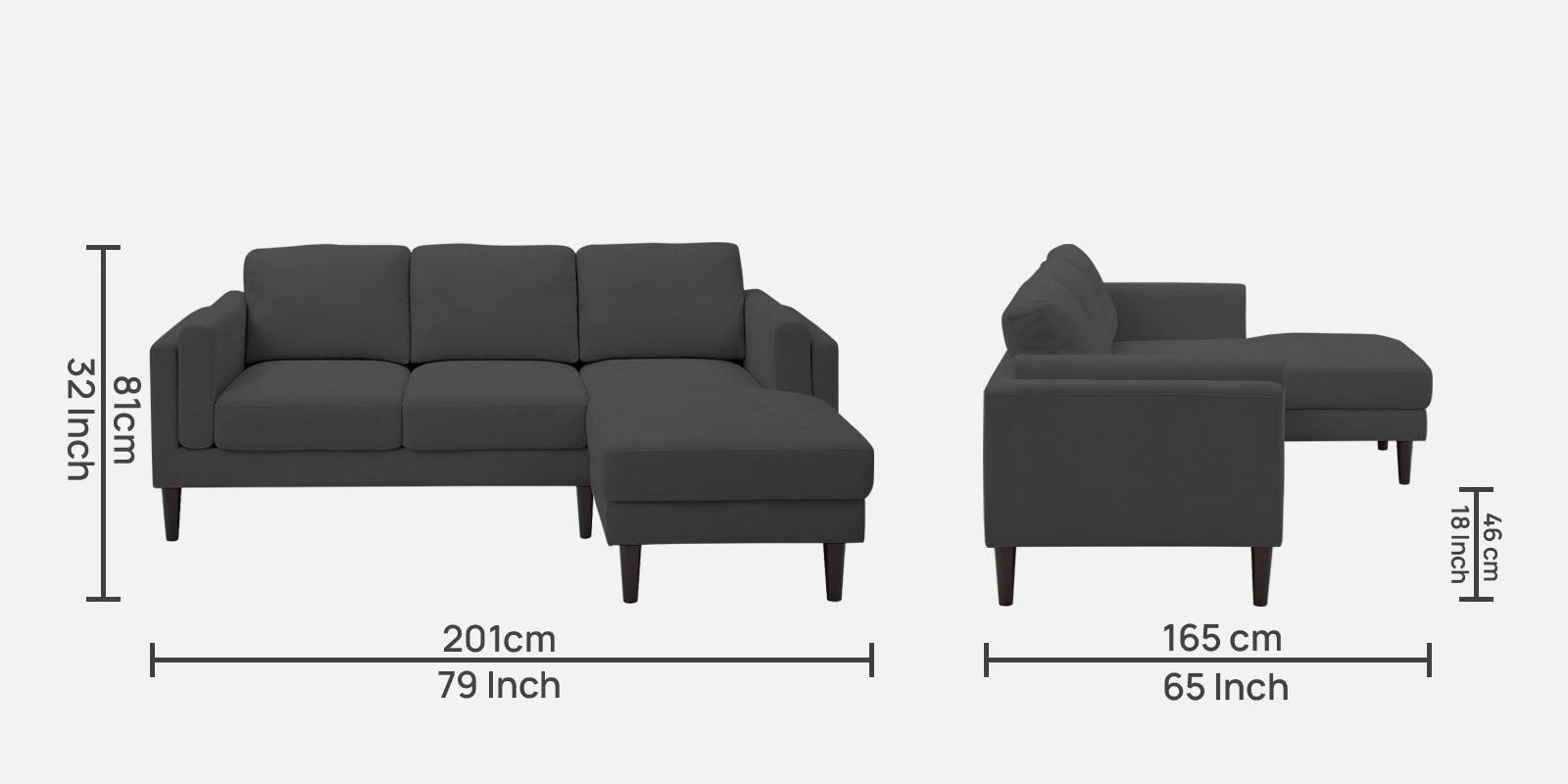 Creata Fabric LHS Sectional Sofa (2+Lounger) Charcoal Grey Colour by Febonic