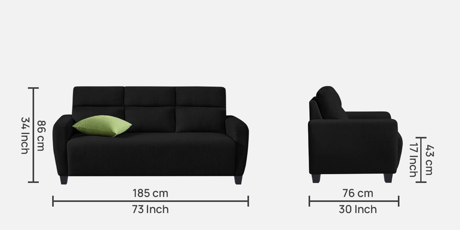 Bakadi Fabric 3 Seater Sofa in Zed Black Colour