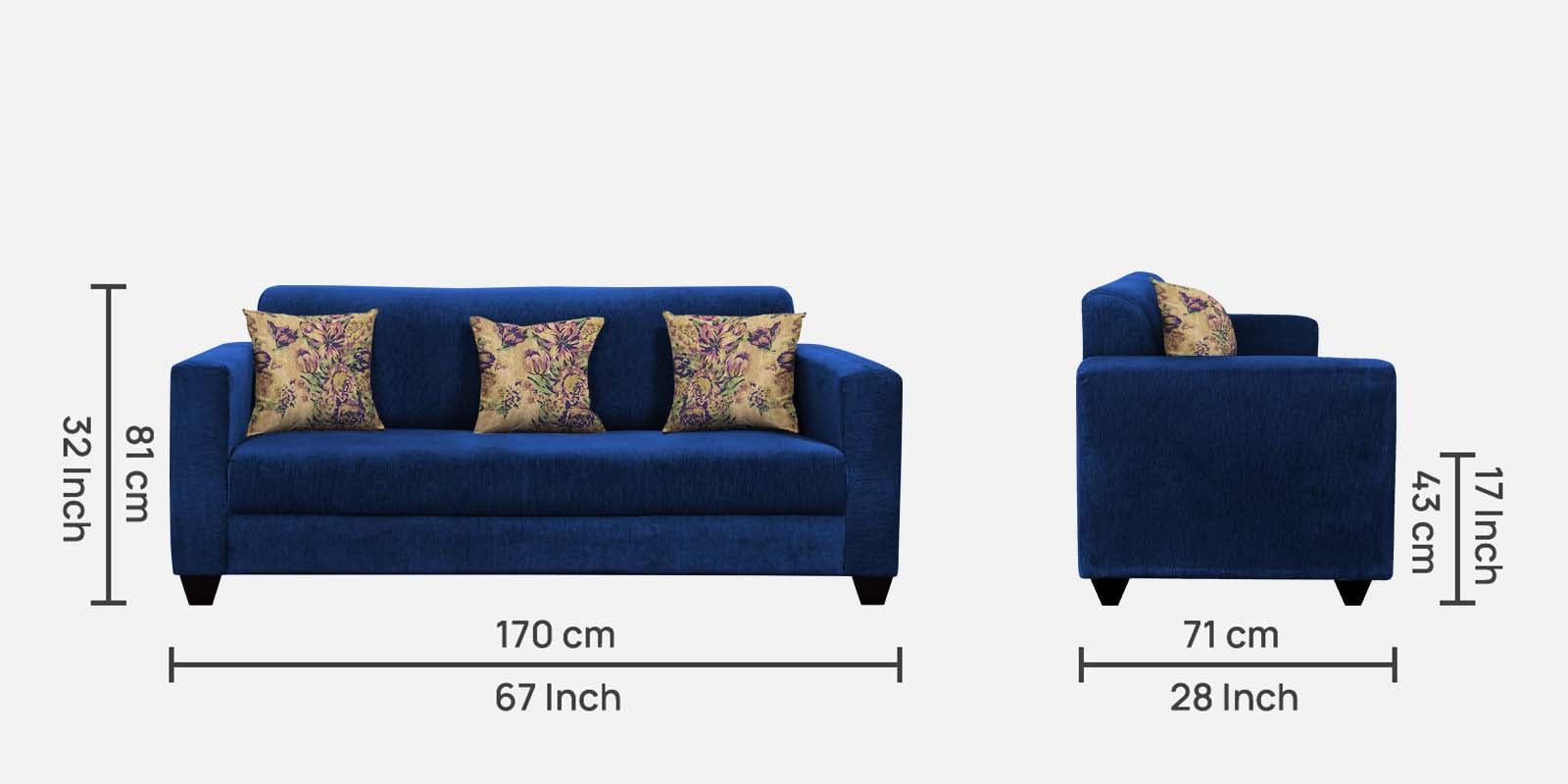 Lipu Fabric 3 Seater Sofa in Royal Blue Colour