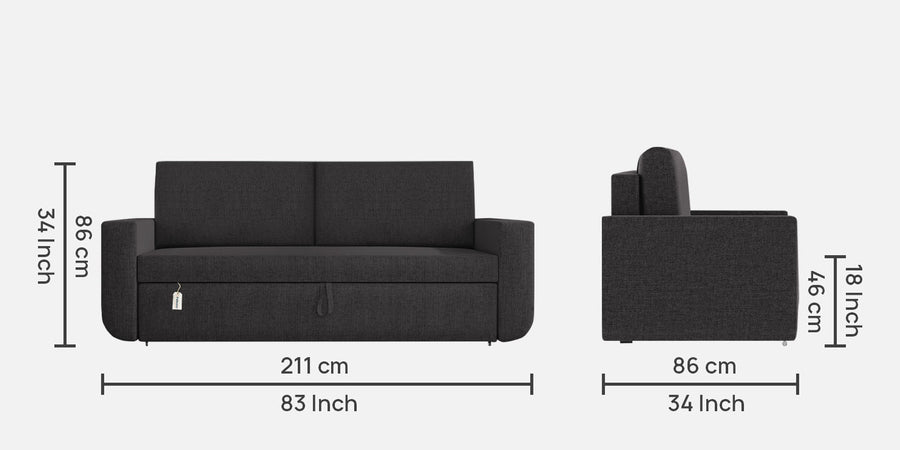 Grace Fabric 3 Seater Pull Out Sofa Cum Bed In Maba Grey Colour With Storage - Febonic Living