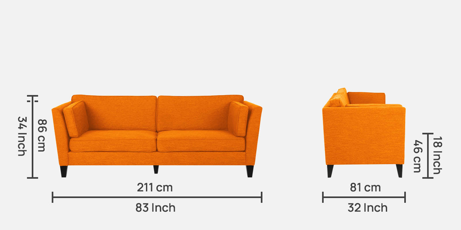 Nigar Fabric 3 Seater Sofa in Vivid Orange Colour