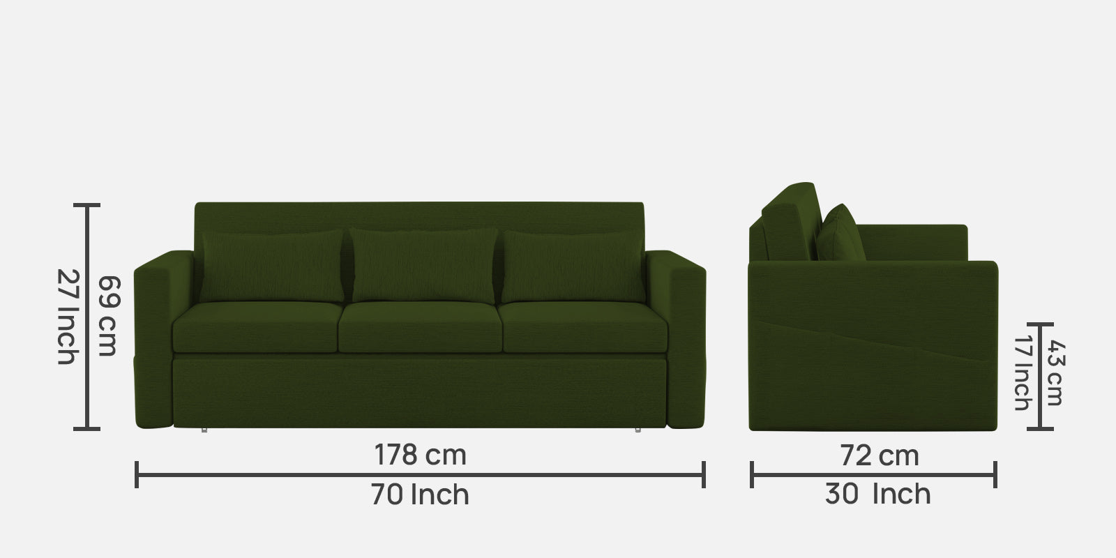 River Fabric 3 Seater Pull Out Sofa Cum Bed In Olive Green Colour