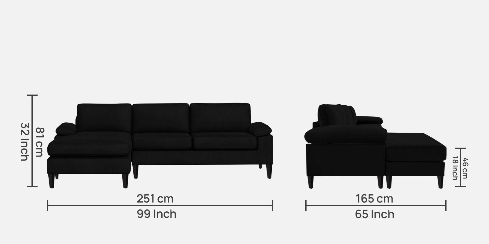 Vegas Velvet RHS Sectional Sofa (3+Lounger) In Adam Black Colour