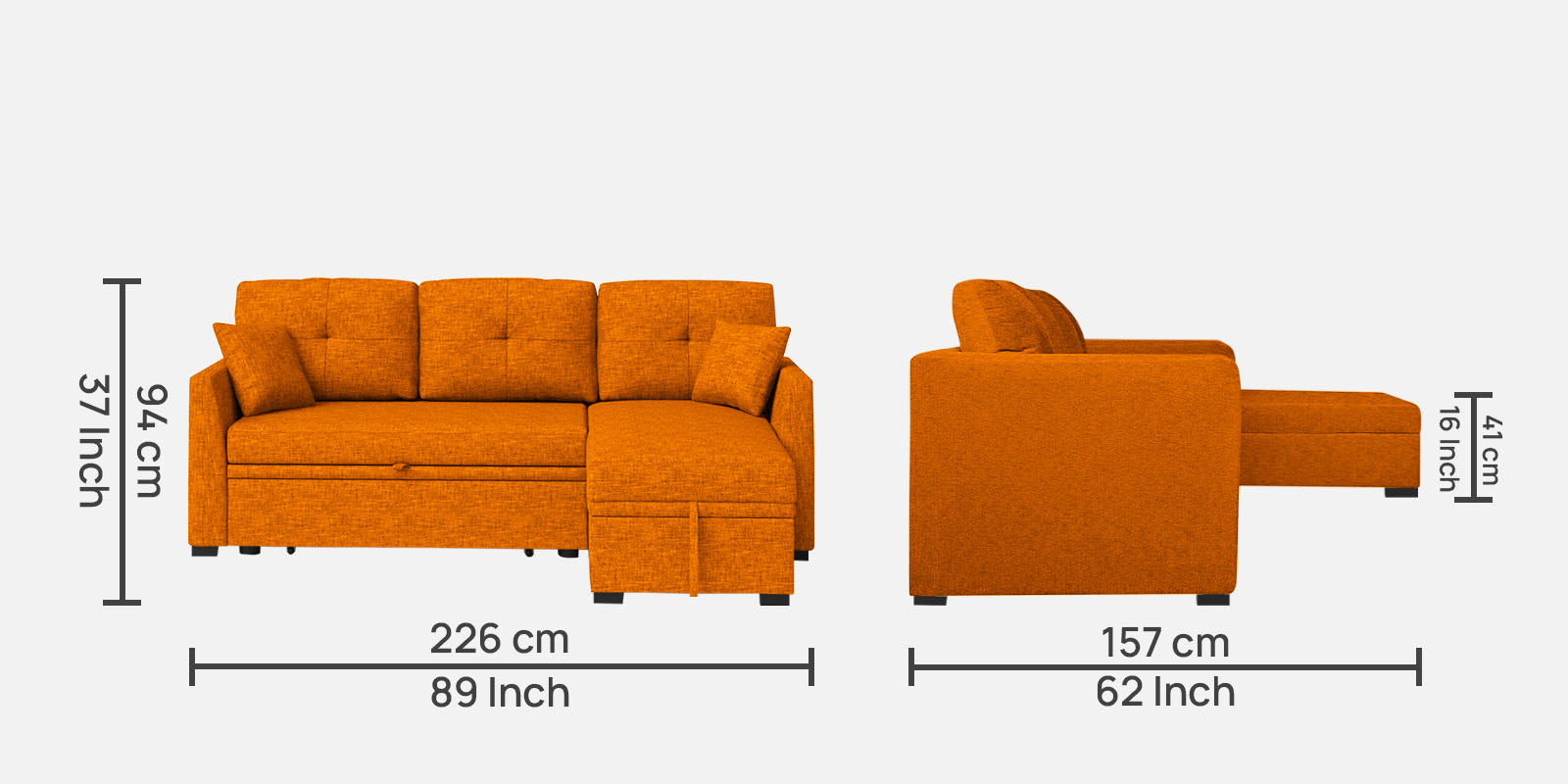 Jody Fabric 3 Seater Pull Out Sofa Cum Bed In Vivid Orange Colour