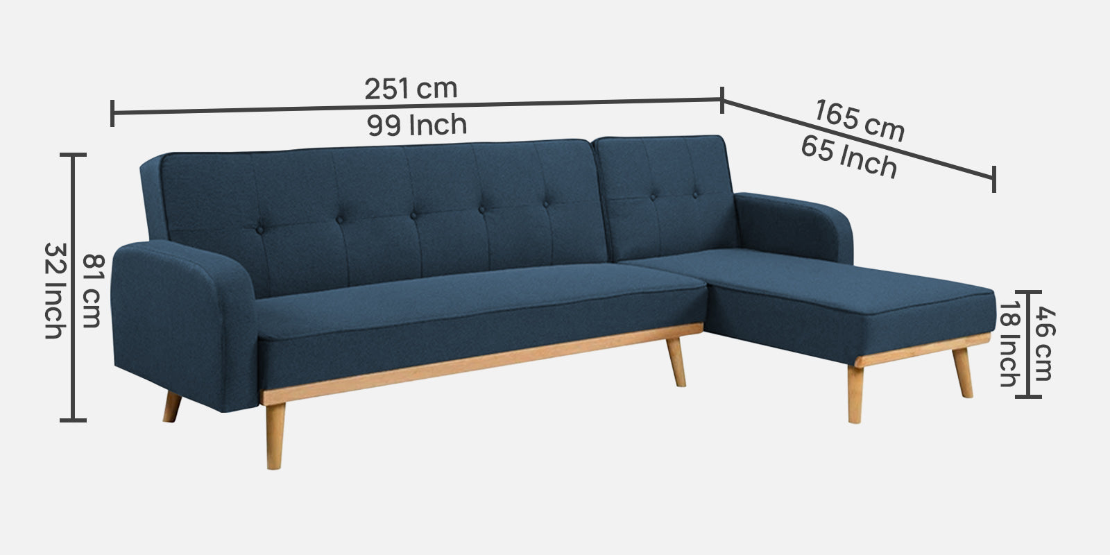 Zuno Fabric RHS Sectional + Sofa Cum Bed In Light Blue Colour