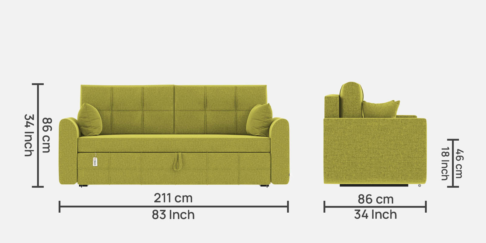 Kolee Fabric 3 Seater Pull Out Sofa Cum Bed In Parrot Green Colour