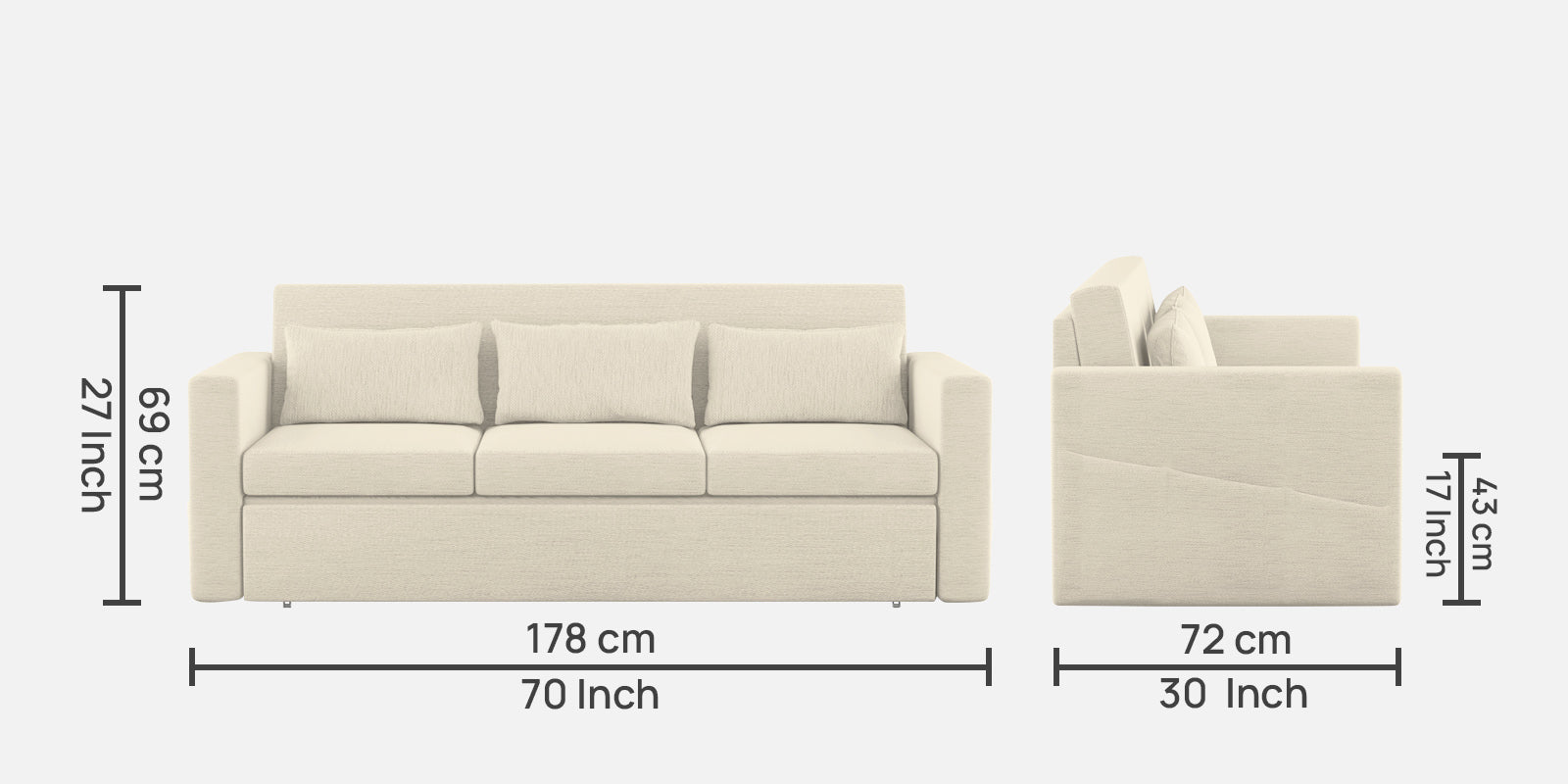 River Fabric 3 Seater Pull Out Sofa Cum Bed In ivory cream Colour