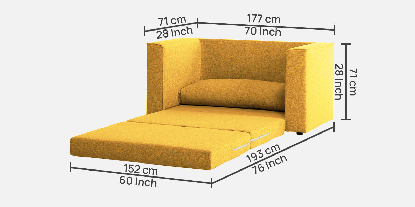 Kenia Fabric 2 Seater Convertible Sofa Cum Bed in Bold Yellow Colour