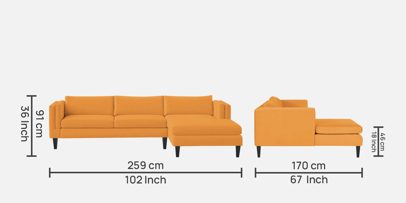 Jasper Velvet LHS Sectional Sofa (3+Lounger) in Tangerine orange Colour