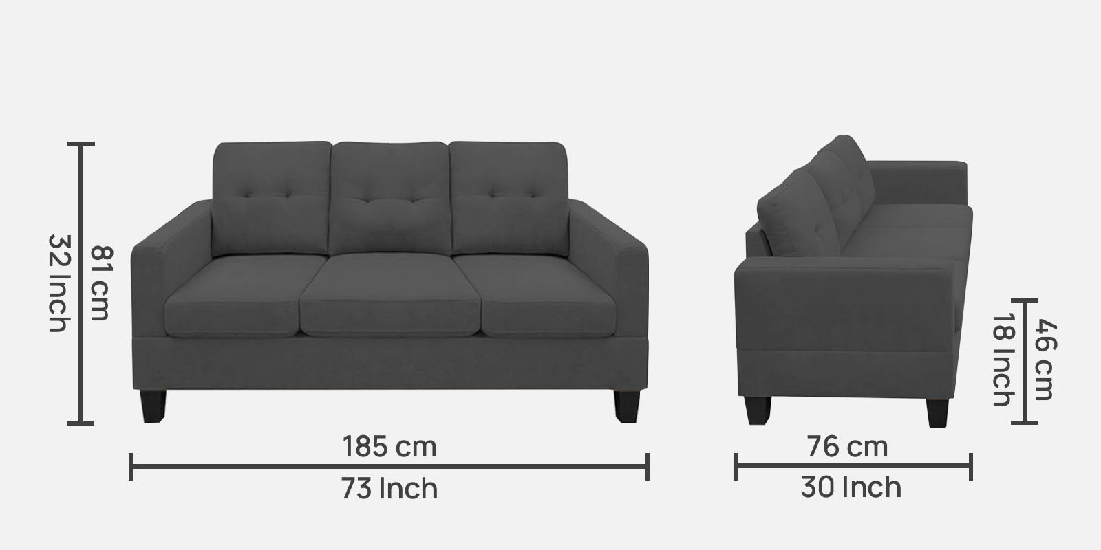 Thomas Fabric 3 Seater Sofa in Charcoal Grey Colour