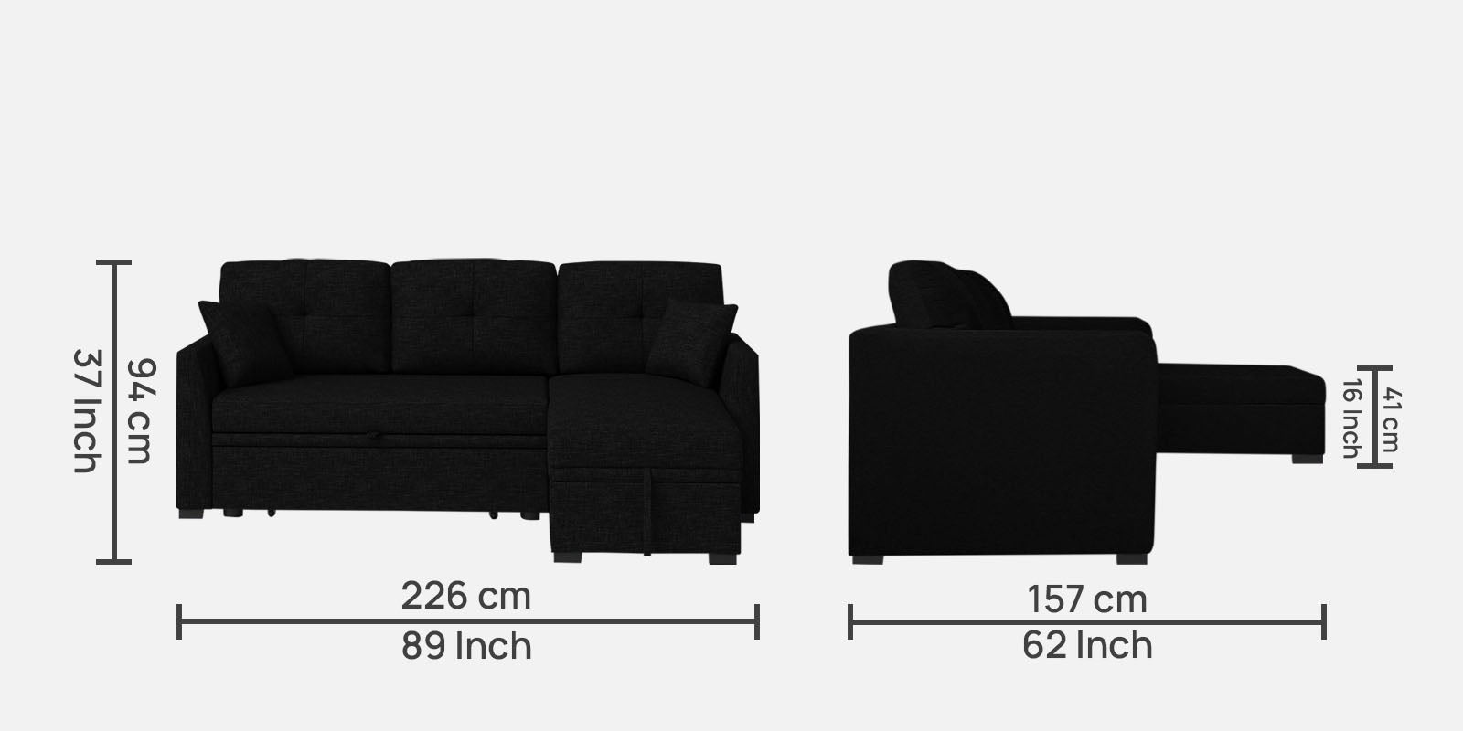 Jody Fabric 3 Seater Pull Out Sofa Cum Bed In Zed Black Colour