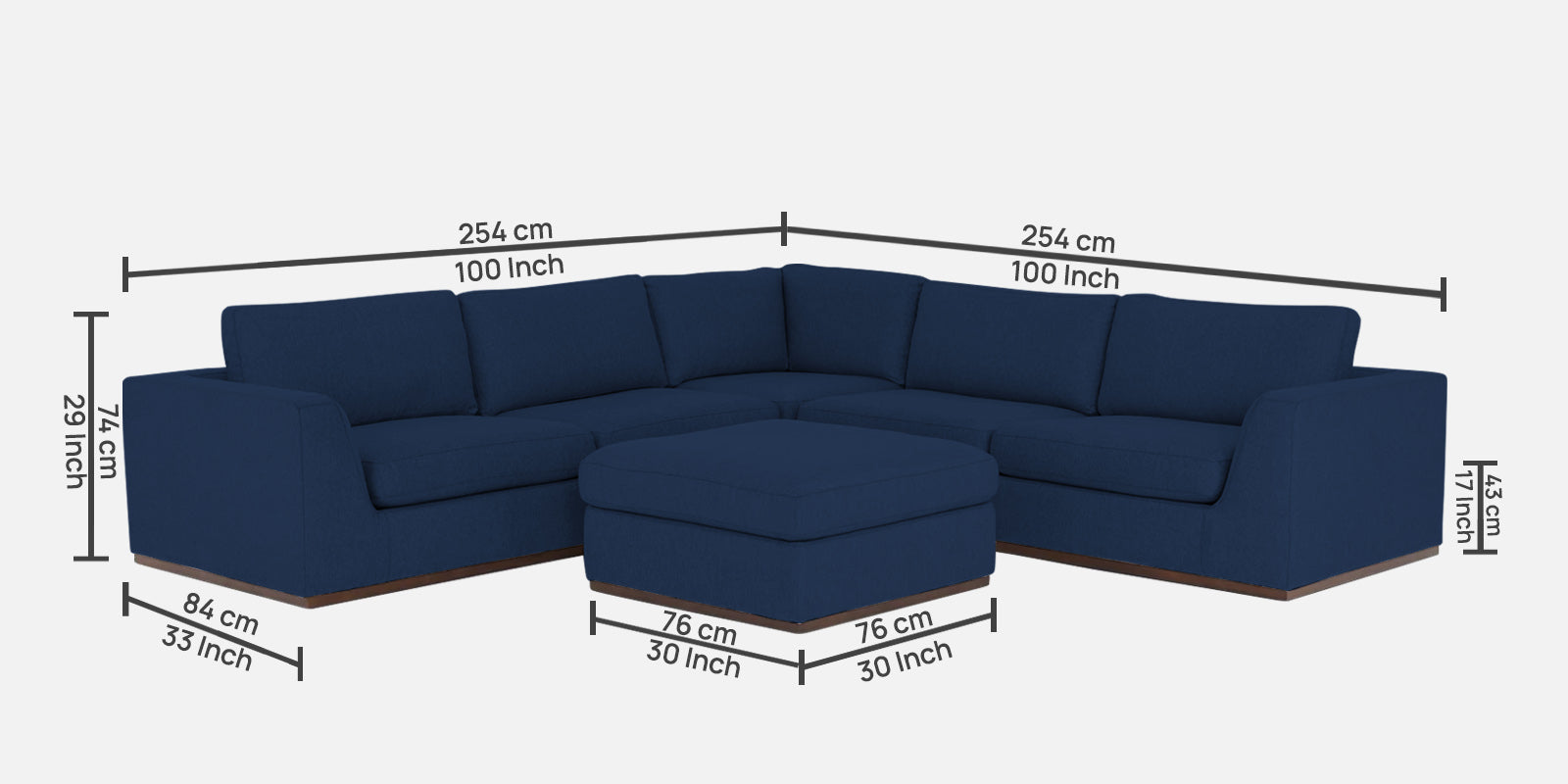 Freedom Velvet 6 Seater LHS Sectional Sofa In Imperial Blue Colour With Ottoman