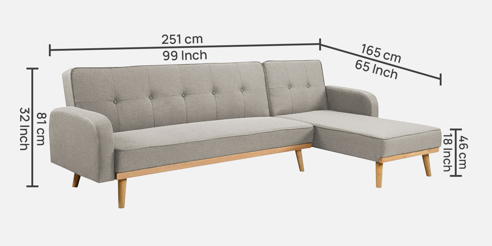 Zuno Fabric RHS Sectional + Sofa Cum Bed In Ash Grey Colour