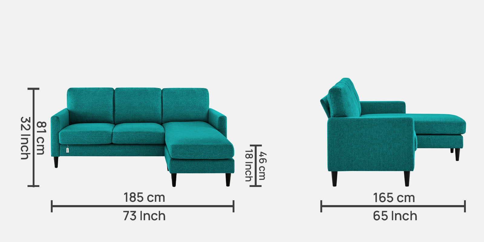 Romie Fabric LHS Sectional Sofa (2+Lounger) in Sea Green Colour