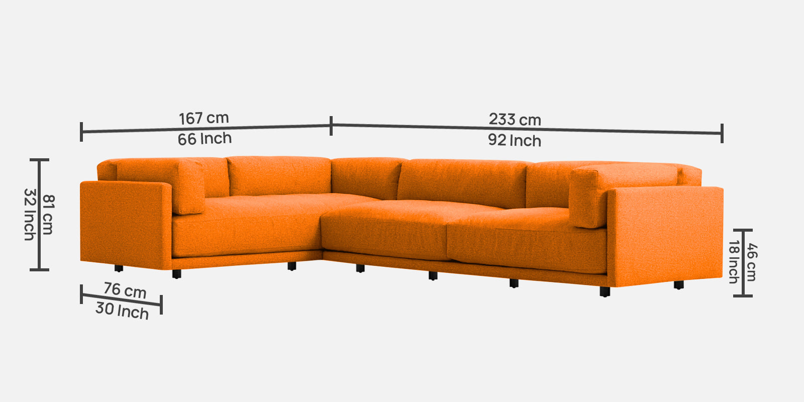 Nixon Fabric 6 Seater LHS Sectional Sofa In Vivid Orange Colour