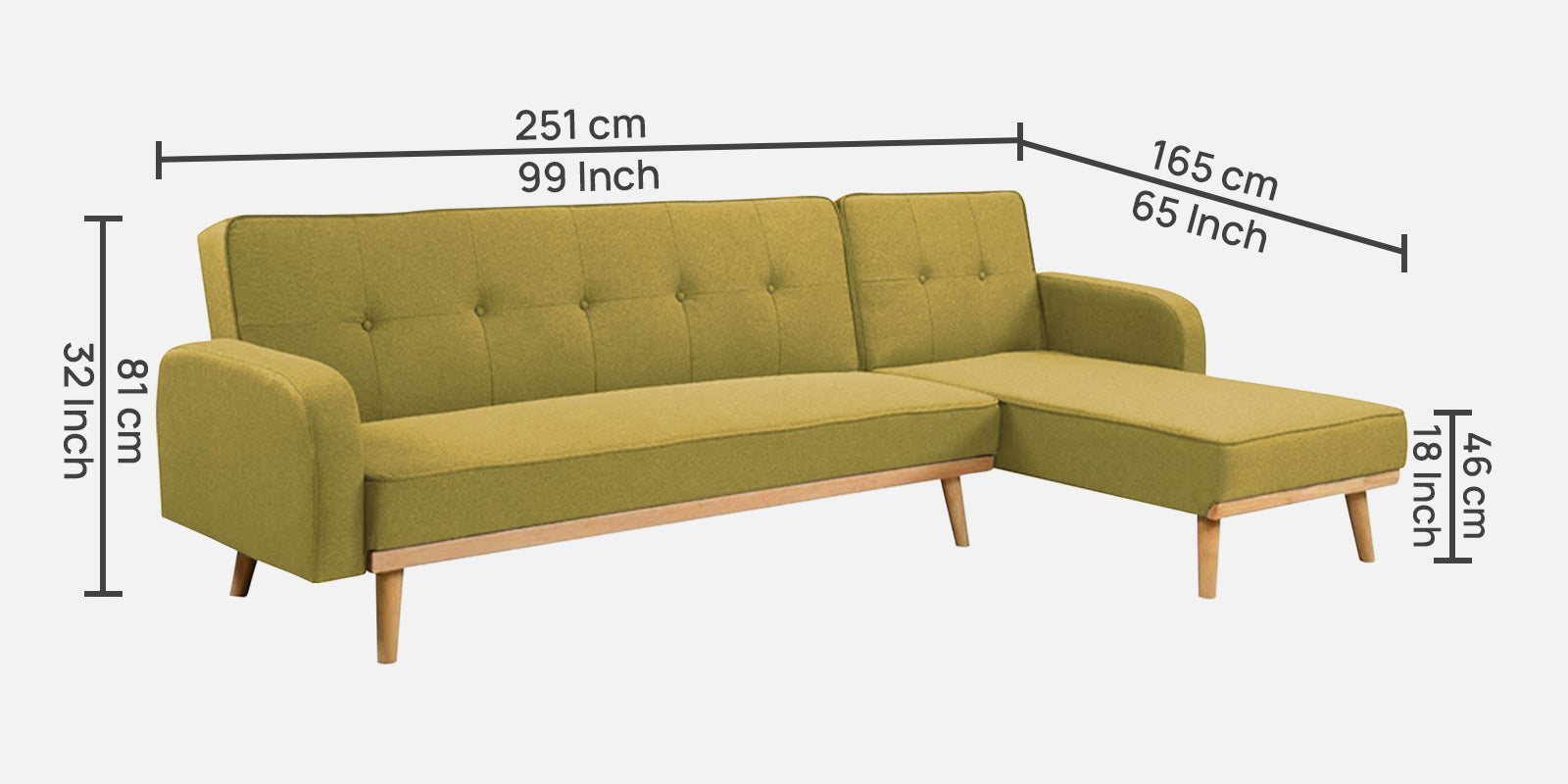 Zuno Fabric RHS Sectional + Sofa Cum Bed In Parrot Green Colour