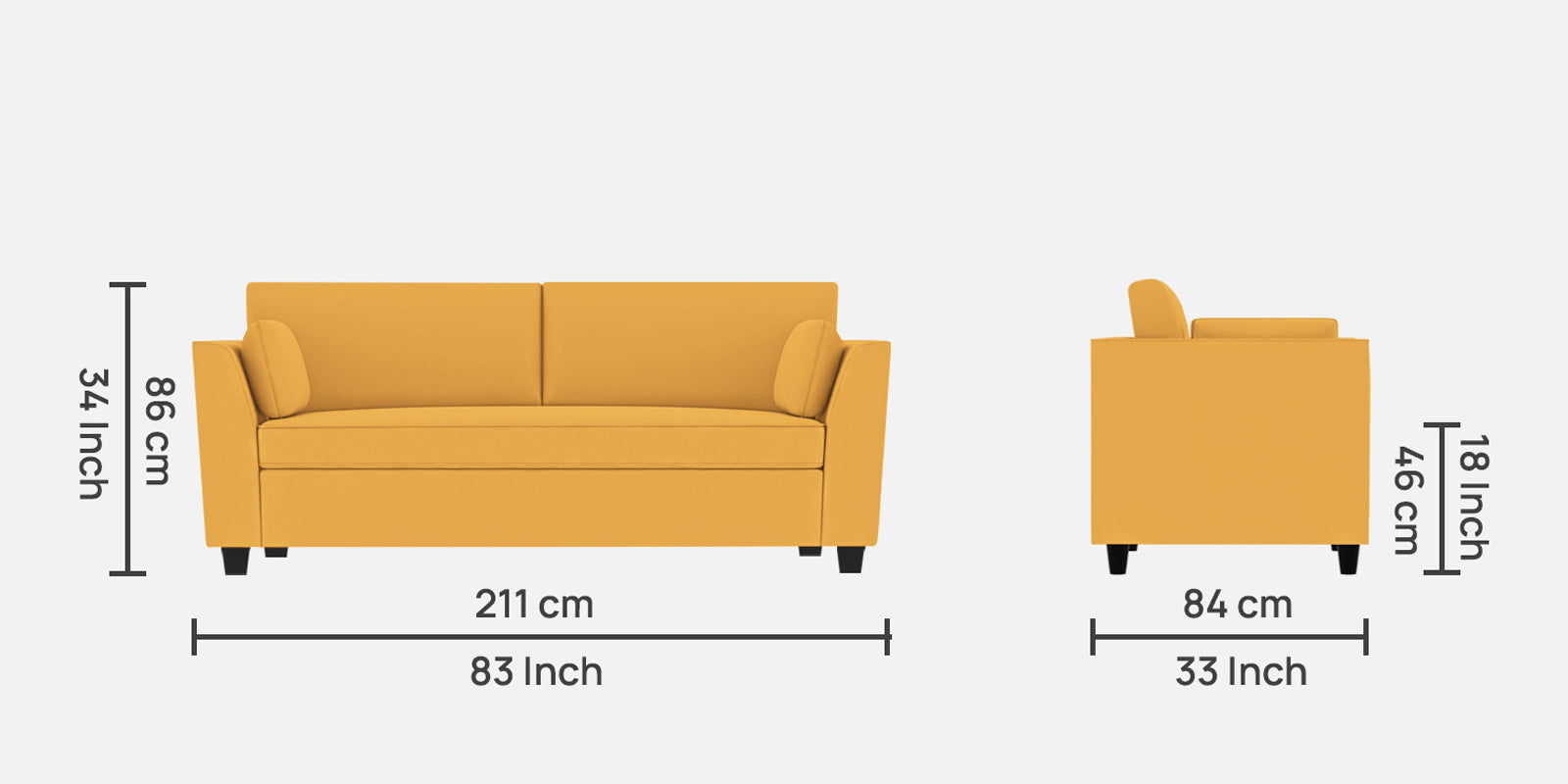 Bristo Velvet 3 Seater Sofa in Turmeric yellow Colour With Storage