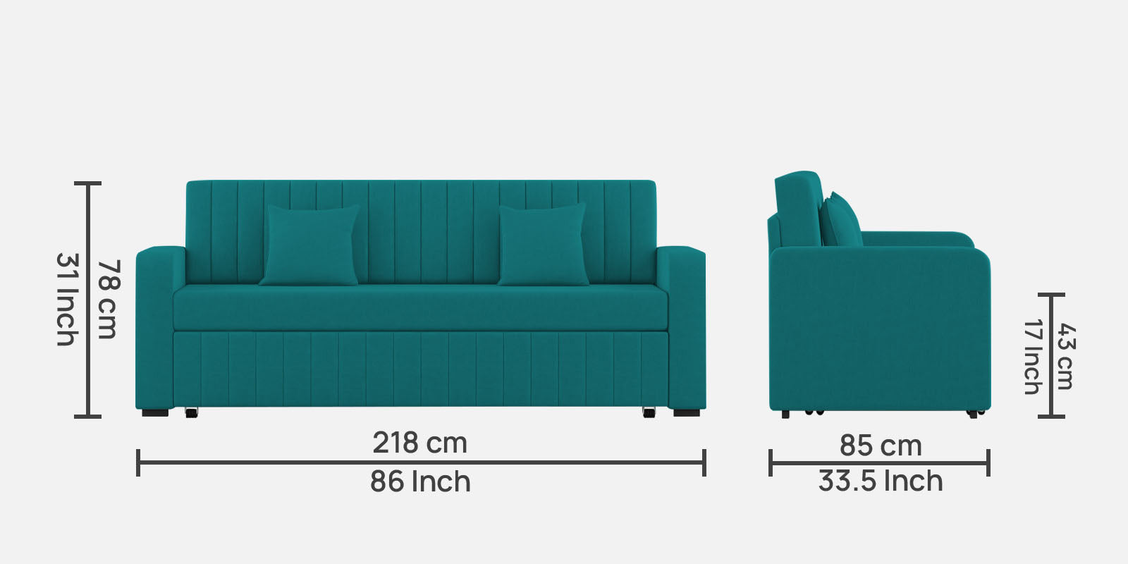 Calra Fabric 3 Seater Pull Out Sofa Cum Bed In Sea Green Colour