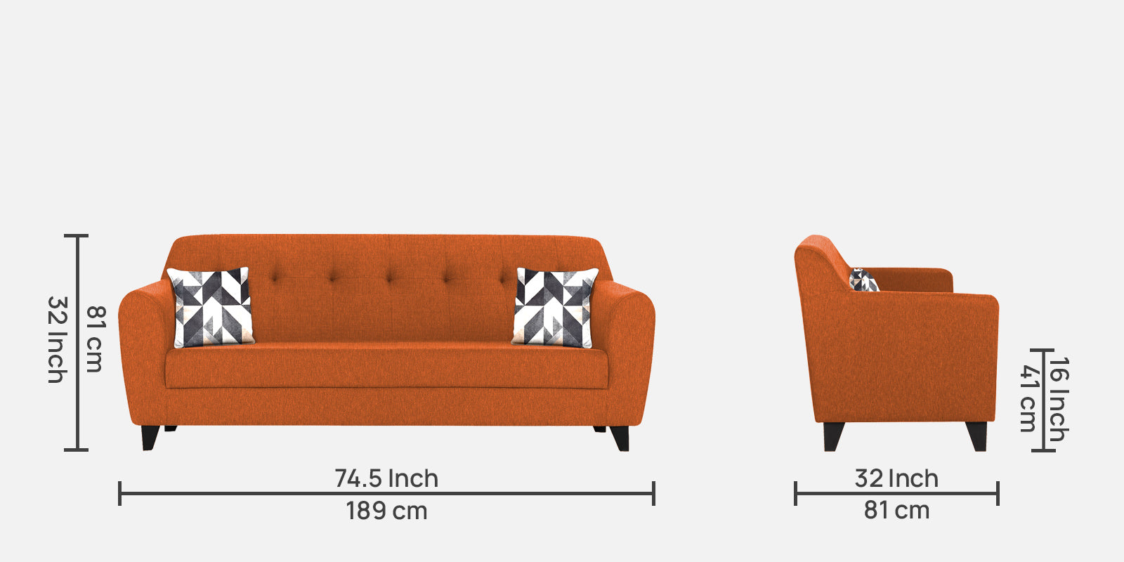 Melaan Fabric 3 Seater Sofa In Vivid Orange Colour