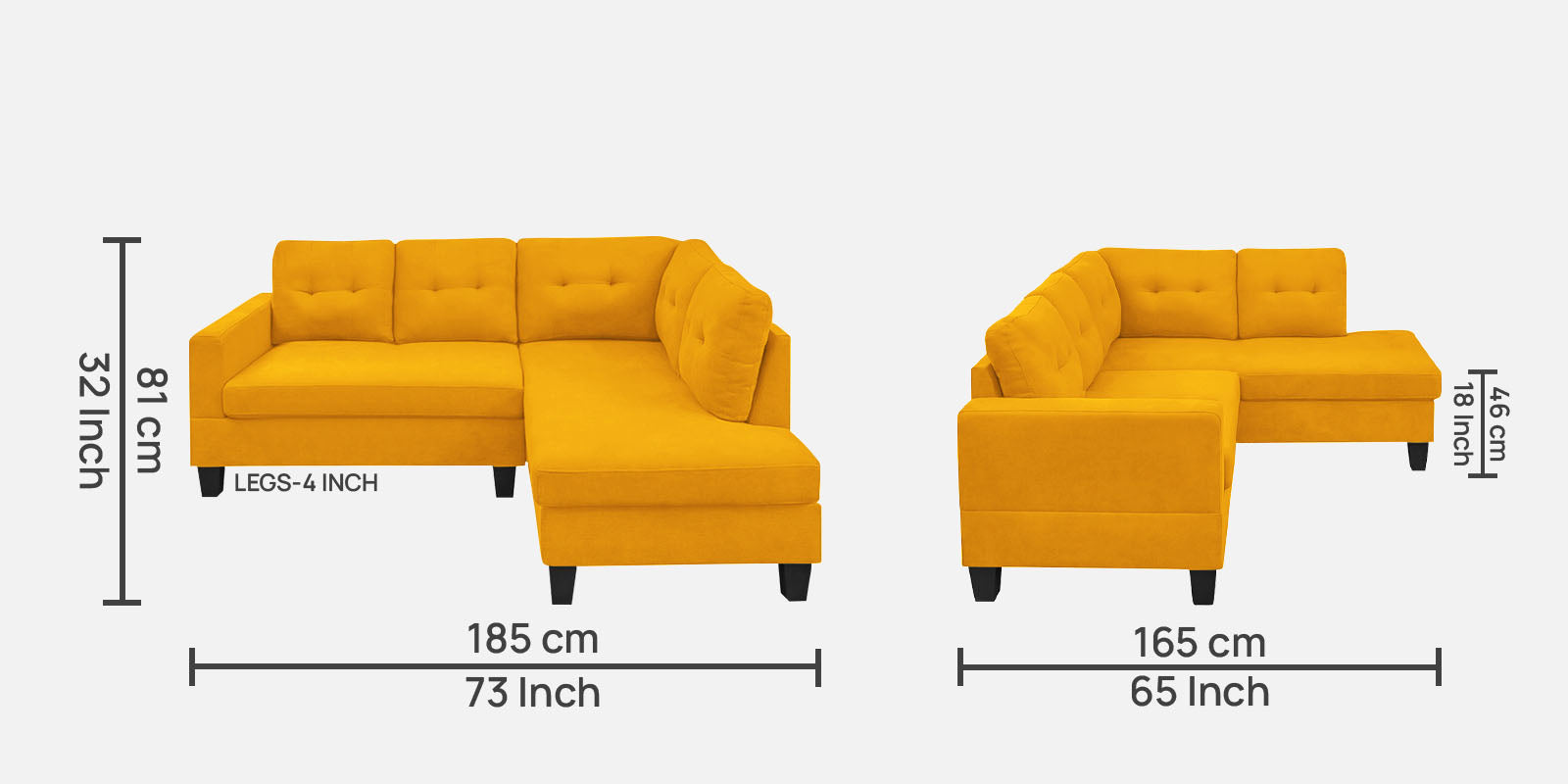 Thomas Fabric LHS Sectional Sofa (2+Lounger) in Bold Yellow Colour